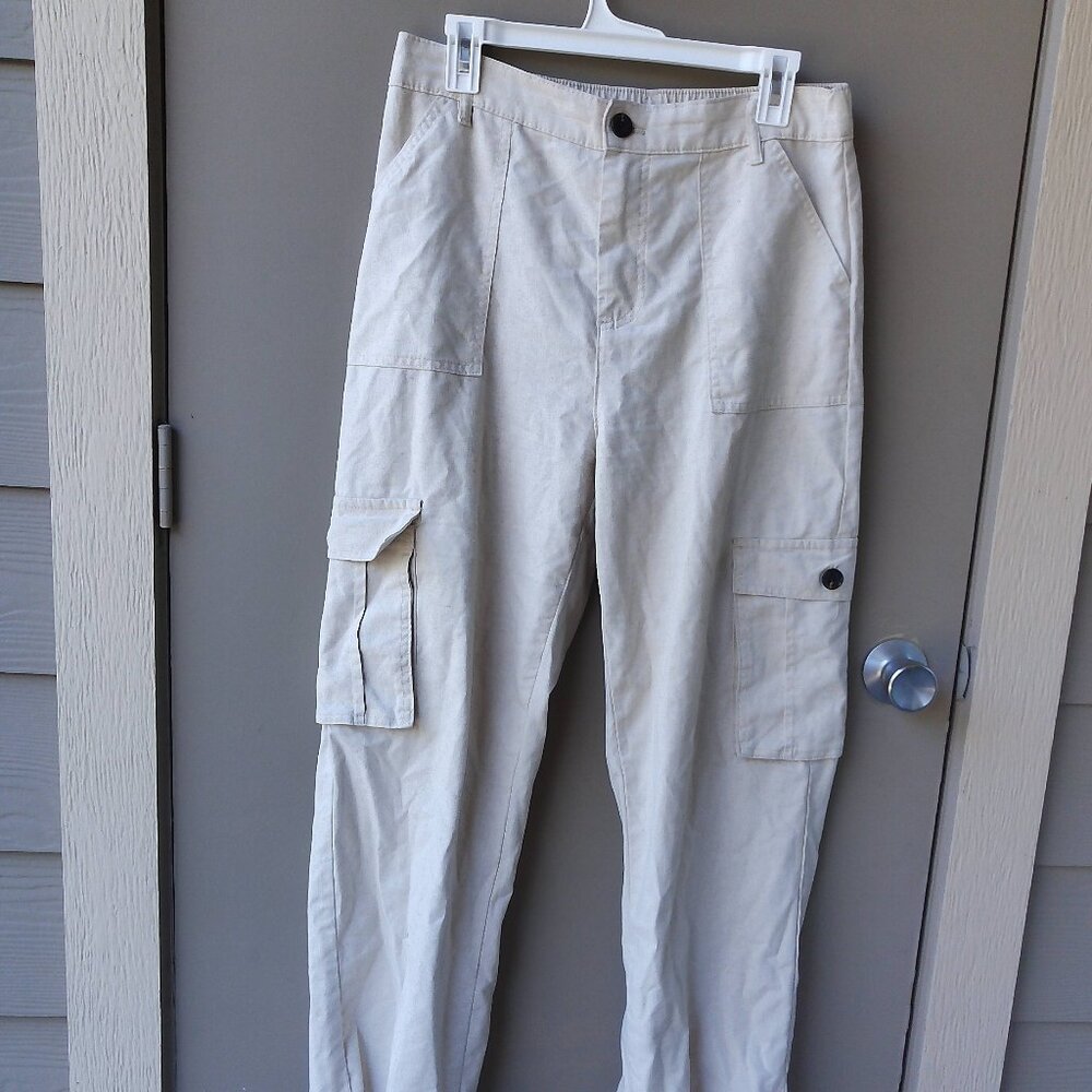 Tan Linen Blend Cargo Pants – 6 Pocket – Drawstring Leg – Large